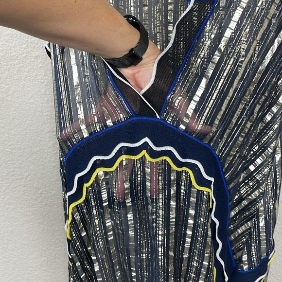 NWT Peter Pilotto Metallic Chiffon Dress Gold Navy Sheer Designer Sz M - Picture 9 of 16